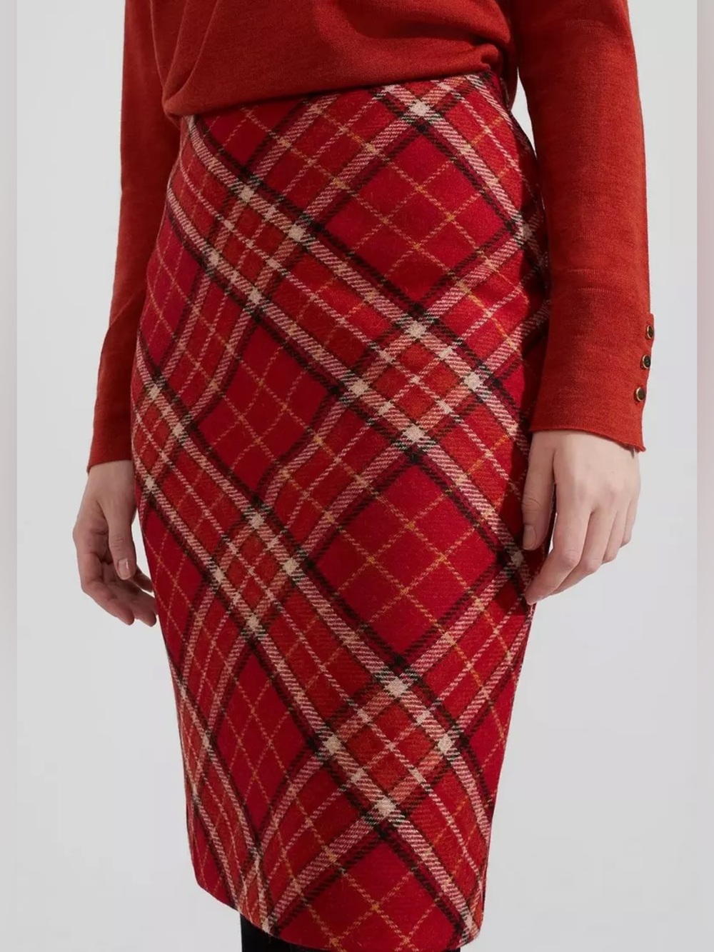 Hobbs Plaid Daphne Wool Pencil Skirt Red Lined High Waist Size 10 *1002